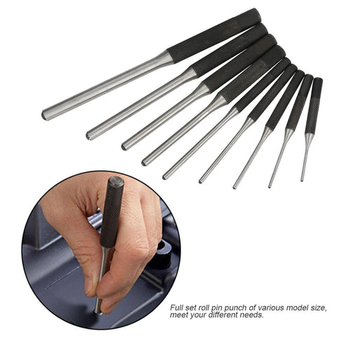 Roll Pin Punch Set 9 Piece Pro Grade Repair Tools Kit with Alloy Steel Pins lined up and hand using punch for removal