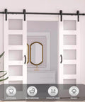 Installed White Glass Double Barn Door 24 In x 84 In With 8 Ft Sliding Hardware Kit DIY Friendly Tempered Frosted Glass MDF Core