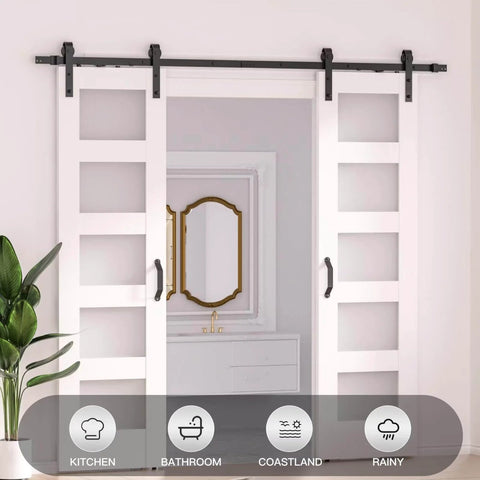 Installed White Glass Double Barn Door 24 In x 84 In With 8 Ft Sliding Hardware Kit DIY Friendly Tempered Frosted Glass MDF Core