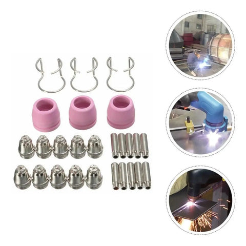 Get Your Hands On This Pl60 Plasma Cutter Kit Full Set Includes Cutting Torch Tip Nozzles And Consumables For Serious Welding Jobs With Super High Heat Resistance And Electric Flow That Keeps You Going All Day Long. Detailed view of plasma cutter consumables, including pink torch nozzles and metal tips.