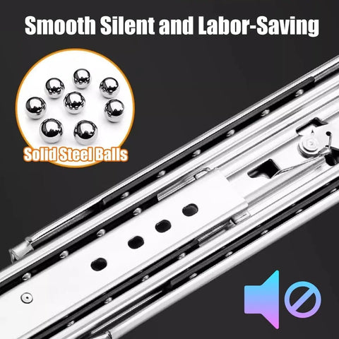 Close-up of Heavy Duty Full Extension Drawer Slides 12 To 80 Inch Side Mount Ball Bearing Rails With Locking Drawer Glides, showing ball bearings.