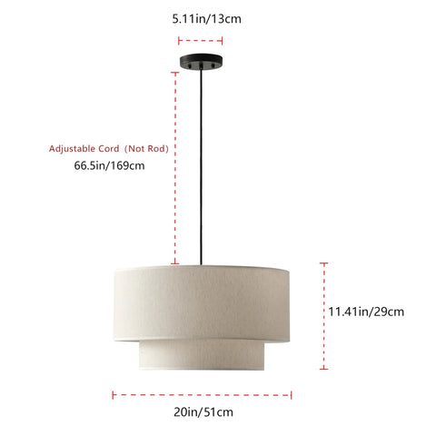 Two Tier Drum Pendant Light With Adjustable Hanging Wire Hassle Free Install And Streamlined Design nails farmhouse vibe with 20in off white shade.