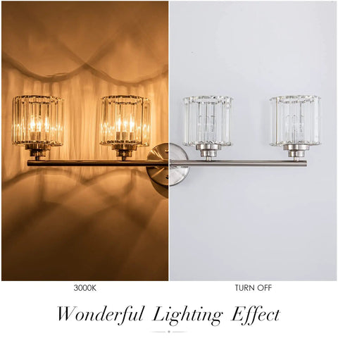 Modern Brushed Nickel Vanity Lights 32 Inch 4 Light Crystal Shade Industrial Sconce Wall Lamp For Bathroom Mirror Makeup Desk Living Room Kitchen Porch Hotel Anti Rust Finish For Humid Bathrooms showing lighting effects when on and off