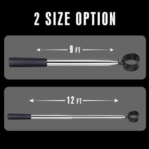 Telescopic Golf Ball Retriever With Long Reach From Nine Feet To Sixteen Point Three Feet Reinforced Stainless Shaft Dual Sided Nylon Head Non Slip Grip For Effortless Ball Pickup In Water And Rough Terrain showing 9 ft and 12 ft sizes