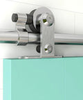 Close up of Top Mount 10 Foot Sliding Barn Door Hardware Kit in stainless steel with heavy duty track for double wood doors.
