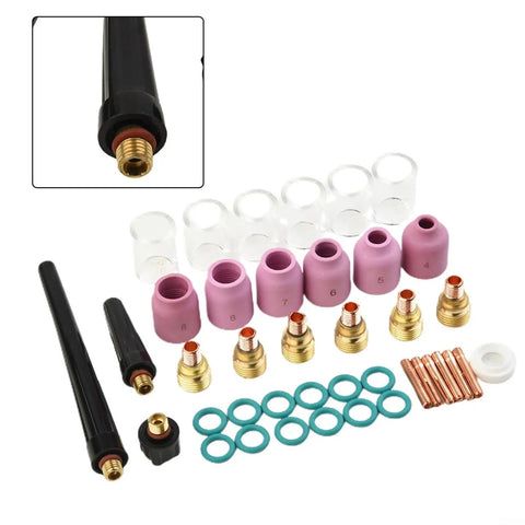 Ultimate 40-Piece TIG Welding Torch Collet And Gas Lens Kit With Heat-Resistant Ceramic Cups For WP9/20/25 Models setup components.
