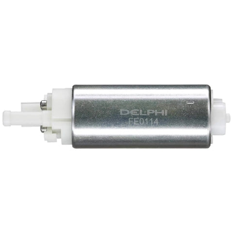 Electric Fuel Pump Motor For Cars High Performance Replacement With Quick Start Temperature Resistant Durability Reduces Low Fuel Hesitation Compatible With Gas And Alcohol Blends Reliable Engine Start, shown in metal casing side view.