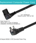 90 Degree Right Angle 1ft Power Cord NEMA 5-15P To IEC C13 Flat Plug 16AWG Angled AC Cable for PC Monitor TV Printer Black