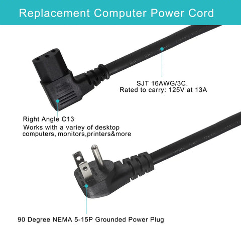 90 Degree Right Angle 1ft Power Cord NEMA 5-15P To IEC C13 Flat Plug 16AWG Angled AC Cable for PC Monitor TV Printer Black