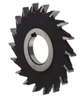 Angled view of 18-tooth high-speed steel face mill disc, 100 mm diameter, black with silver teeth