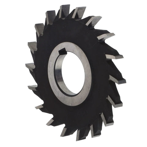 Angled view of 18-tooth high-speed steel face mill disc, 100 mm diameter, black with silver teeth