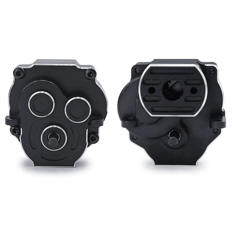 Front and rear view of Aluminum Transmission Case For 1/18 TRX4M RC Crawler, 16.6 To 1 Gearbox With Gear, showing alloy build.