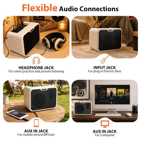 Flexible audio connections on compact 10W bass amp, highlighting headphone, input, and AUX jacks. Compact 10W Bass Amp For Practice.