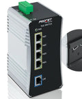 Industrial Four Port Gigabit PoE Switch For DIN Rail With PoE Plus 90W Per Port, LAN port, and mounting bracket shown.