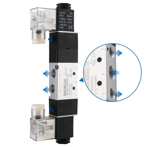 Internally Piloted 4V230C 08 Pneumatic Solenoid Valve 5 Way 3 Position DC 12V shown with PT Quarter Inch Connections