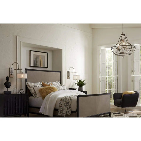 Bedroom with Kempsey Collection One-Light Swing Arm Wall Bracket Nickel Finish, next to bed, modern decor, window view.