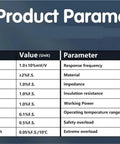 Product parameter table with specifications for a sensor, indicating material as alloy steel and response frequency of 1kHz.