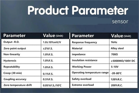 Product parameter table with specifications for a sensor, indicating material as alloy steel and response frequency of 1kHz.