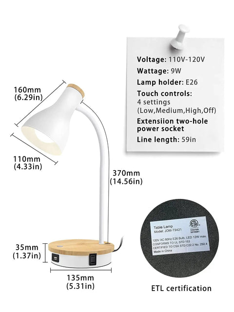 Metal Desk Lamp With Fast Wireless Charging Pad And USB Ports, Arc Table Light, ETL certified in white finish with size details