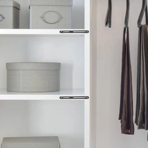 Beefy Stainless Steel Straight Brackets For Furniture Repair on white shelf, providing right angle joint support in closet.