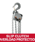 1 Ton Aluminum Hand Chain Hoist With 20 Foot Lift, Weather Resistant Aluminum Housing, hook with slip clutch label