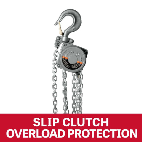 1 Ton Aluminum Hand Chain Hoist With 20 Foot Lift, Weather Resistant Aluminum Housing, hook with slip clutch label