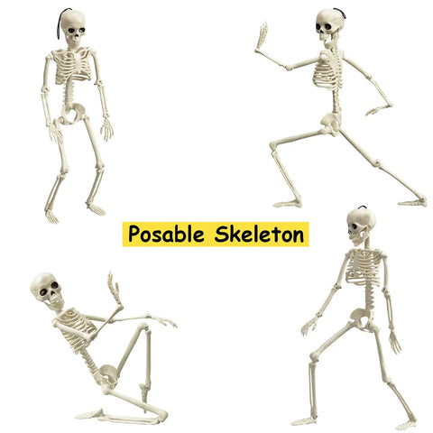 16 Inch Posable Halloween Skeleton With Movable Joints Full Body Prop For Haunted Houses Indoor Decor, set of skeletons in dynamic poses.