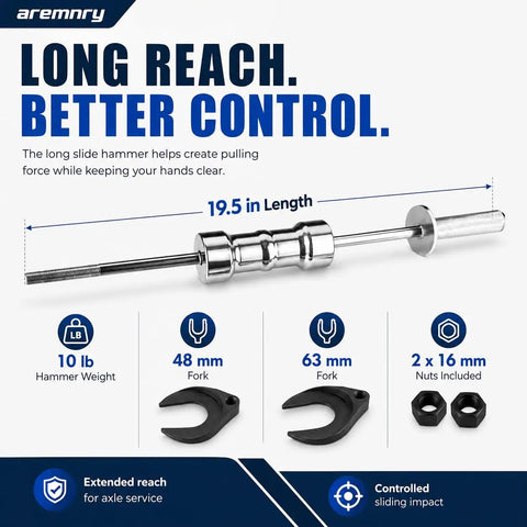 Professional 10 Lb Slide Hammer Inner CV Joint Puller Kit for FWD and AWD Axle Removal Tool, 19.5 inch extract rod and accessories.