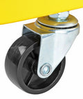 HEAVY DUTY YELLOW POWDER COATED STEEL WELDING CART WITH SMOOTH ROLLING CASTERS AND SLANTED WORK SURFACE wheel close-up view.