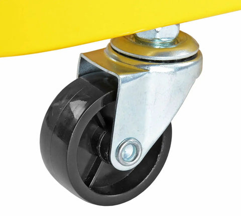 HEAVY DUTY YELLOW POWDER COATED STEEL WELDING CART WITH SMOOTH ROLLING CASTERS AND SLANTED WORK SURFACE wheel close-up view.