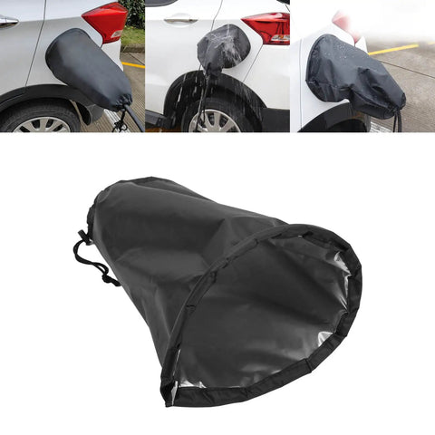 Hella Solid EV Charger Port Cover With A Super Snug Magnetic Seal And A Lightweight Foldable Shape To Keep Your Electric Cord Dry And Fully Shielded From Gnarly Weather Outdoors on a car, waterproof design.
