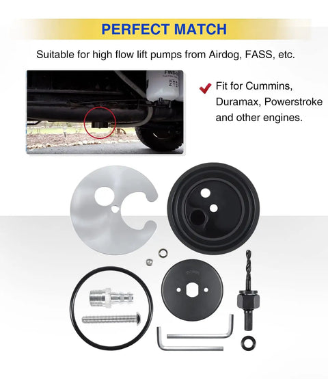 Fuel Tank Sump Kit For High Flow Lift Pumps Keeps Every Last Drop In, shown with components and install suit for diesel engines.