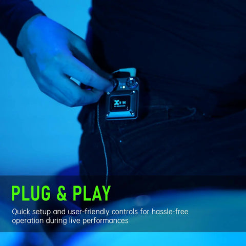 Person adjusting U4 Wireless In-Ear Monitor System beltpack receiver for studio and live gigs, 2.4GHz uncompressed audio setup.