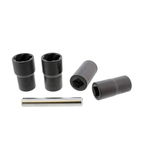 Five Piece Lug Nut Extractor Socket Set For Rusted Stripped Bolts And Nuts Twist Socket Design With One Half Inch Drive