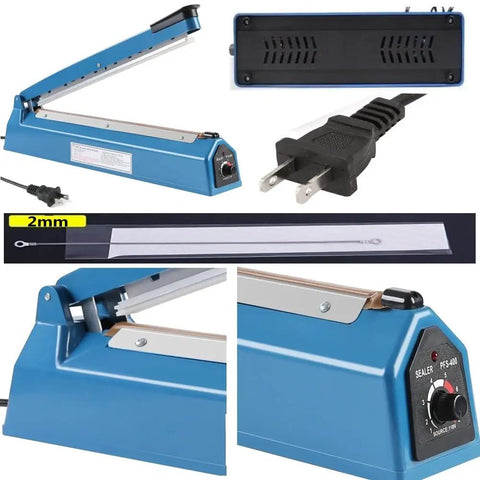 8 Inch Manual Heat Sealer, blue handheld sealing machine with plug, adjustable temperature knob, replacement element shown