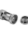 Chiciris G1/4 Brass Inline Water Cooling Filter For PC Liquid Loop with silver acrylic and stainless steel mesh strainer.