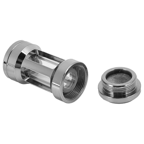 Chiciris G1/4 Brass Inline Water Cooling Filter For PC Liquid Loop with silver acrylic and stainless steel mesh strainer.