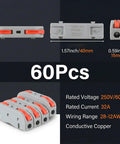 Huge 50 Piece Pack Of Lever Wire Connectors With Push In Tech For Super Easy Tool Free Hook Ups And Fast One to Inline Splicing On Wires From 28 To 12 Awg That Are Totally Reusable Durable Orange And Gray Colors Galore. Gray 40mm lever wire connector, 28-12 AWG, 60 pcs shown