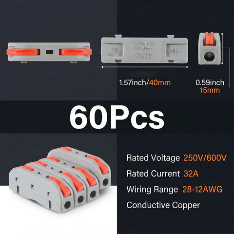 Huge 50 Piece Pack Of Lever Wire Connectors With Push In Tech For Super Easy Tool Free Hook Ups And Fast One to Inline Splicing On Wires From 28 To 12 Awg That Are Totally Reusable Durable Orange And Gray Colors Galore. Gray 40mm lever wire connector, 28-12 AWG, 60 pcs shown
