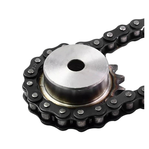 Get This Heavy Duty 3 Point Industrial Sprocket Compatible With 1/2 Or 4PCS Units Offering 9 To 50 Teeth, Features Precision Machined Crafts Hole In Durable 45# Steel With Quenched Tooth Surfaces And 9.525mm Pitch For Smooth Gear Drive Transmission That - close-up of gear attached to a chain with a metallic finish.