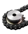 Close-up of Heavy Duty 1 2 Or 4 Pack Industrial Sprocket With 3 Point Design connected to chain, showcasing steel construction.