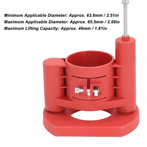 Precision Woodworking Router Lift Base With 46Mm Adjustable Height showing red ABS material design for 63 to 65Mm motors.