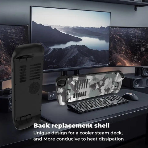 Premium Beefed Up Replacement Back Plate Shell Cover For Steam Deck shown near computer setup