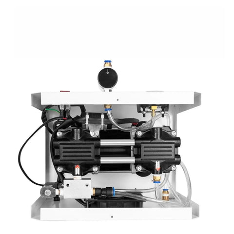 Quiet Diaphragm Vacuum Pump For Laboratory Scientific Research With Vacuum Drying Defoaming Filter Oil Lubricated Micro Pump, top view showing hoses and connectors.