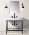 Bathroom vanity with mirror and Swing Arm Wall Sconce Light With Milk White Globe, Dope Mid Century Vibe Modern Adjustable Bedside Lamp.