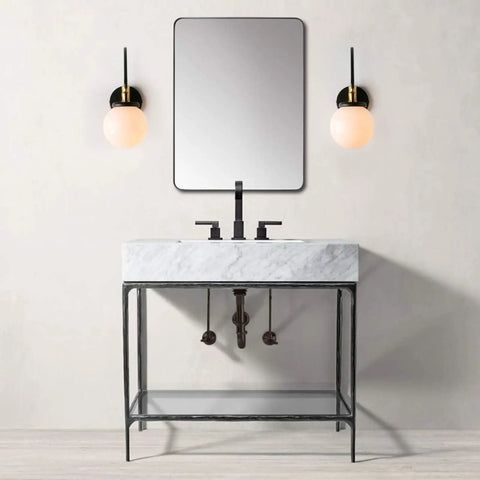 Bathroom vanity with mirror and Swing Arm Wall Sconce Light With Milk White Globe, Dope Mid Century Vibe Modern Adjustable Bedside Lamp.