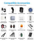 Display of compatible accessories for sliding gate opener, including remotes, keypads, sensors, and gear racks.