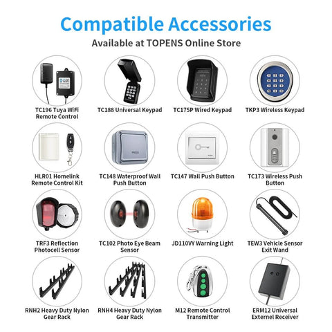 Display of compatible accessories for sliding gate opener, including remotes, keypads, sensors, and gear racks.