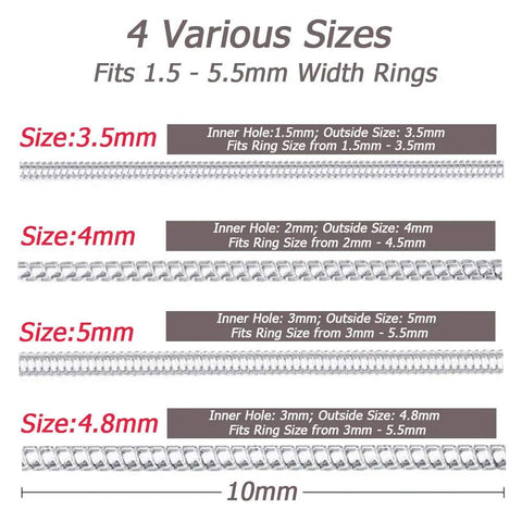 Image showing four various sizes of clear silicone ring size adjuster guard for loose rings, fits rings 1.5 to 5.5mm in width.