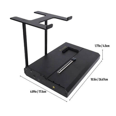 Kickass External Gpu Dock Station Featuring Ocuklink Pcie 4.0 X4 64Gbps Transfer, Plug And Play Pcie X16 Bay for ATX SFX Power Supply, black metal structure showing dual power bays and PCIe slot.